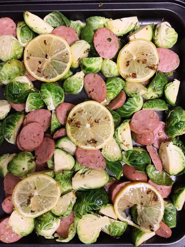 sausage and brussels sprouts sheet pan with lemon