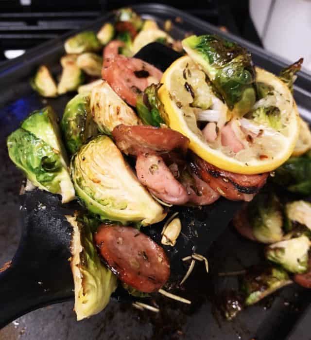 serving of sausage and brussels sprouts sheet pan